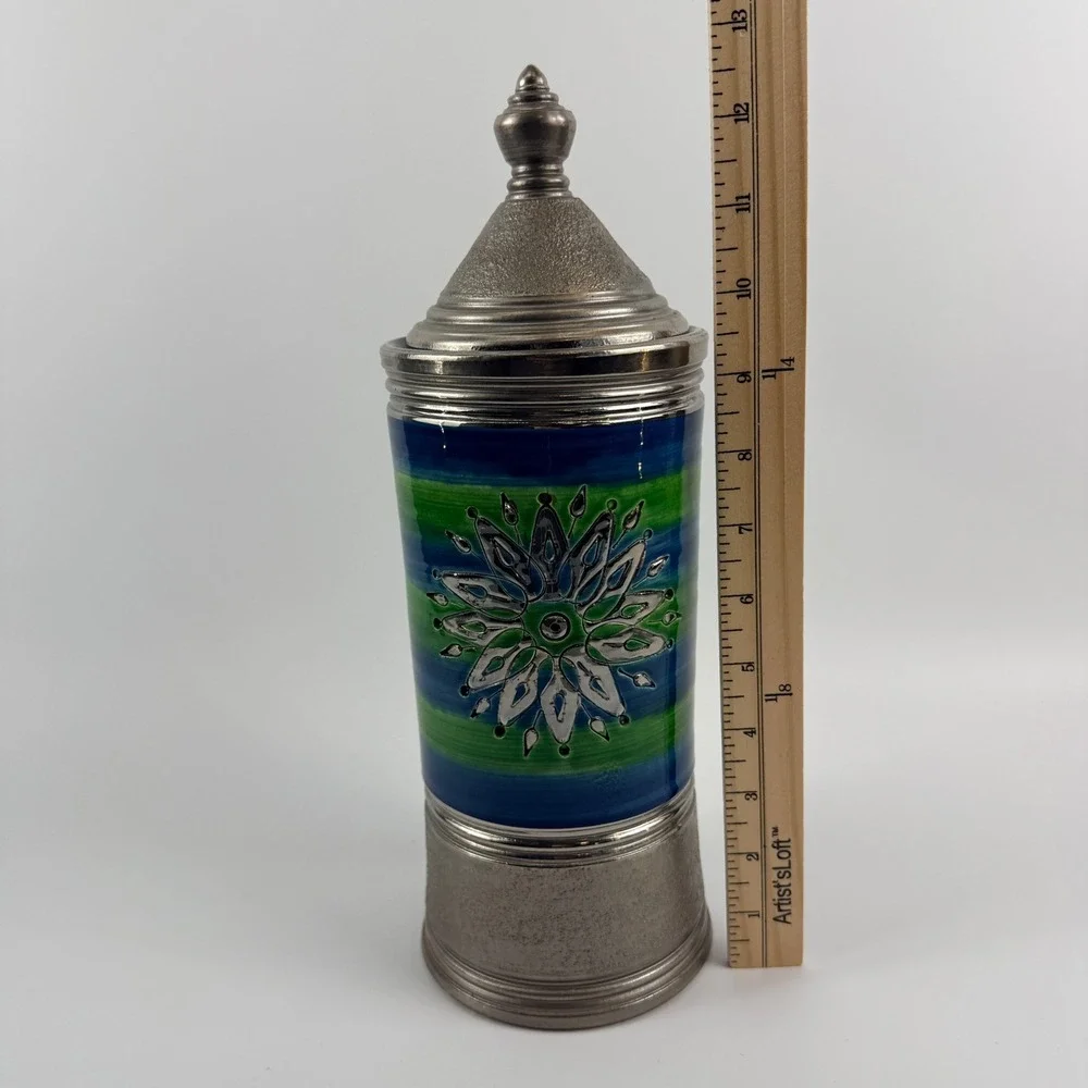 Bitossi Italy‎ Blue Green Sgraffito Sun Canister Jar with Lid HTF